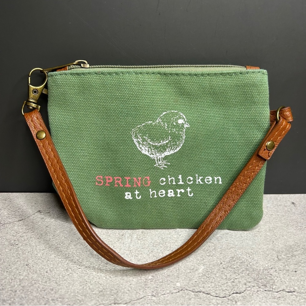 Green Canvas Crossbody Bag with Brown Strap